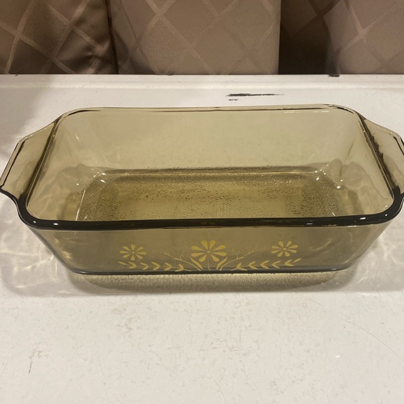 Amber Glass Loaf Pan With Yellow Flowers, 11” x 5 1/2” - Picture 1 of 4